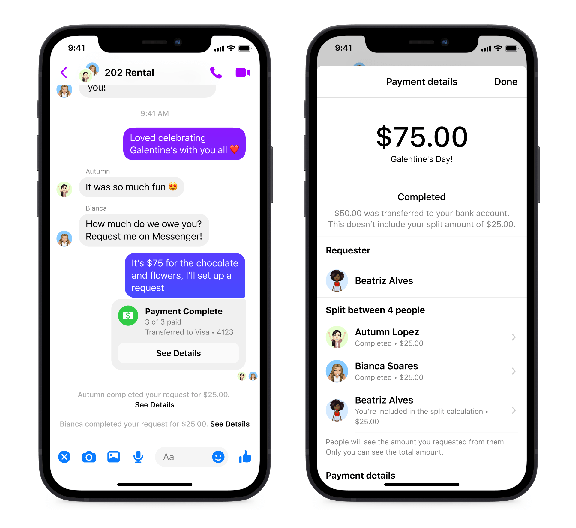 Product mock of split payment completed on Messenger
